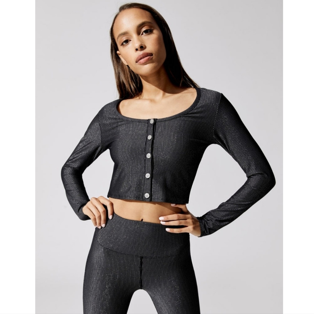 Carbon 38 Cropped Shimmer Stripe Cardigan Black Silver XS NWT NEW - Picture 1 of 12